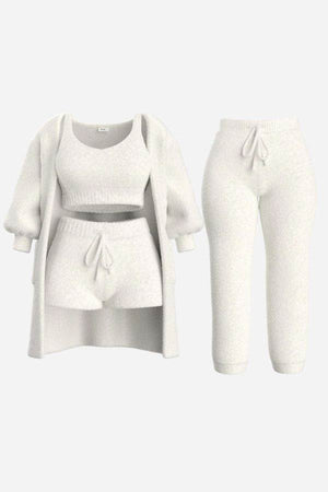 Cloud Soft 4-Piece lounge set with soft fabric cardigan, cropped top, shorts, and pants in light grey