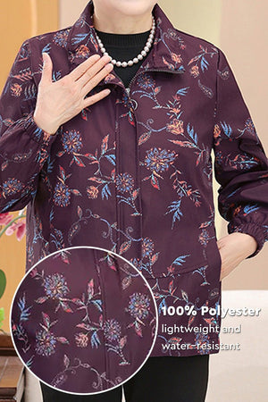 plus size weathershield floral jacket in burgundy with water-resistant polyester fabric and lightweight design
