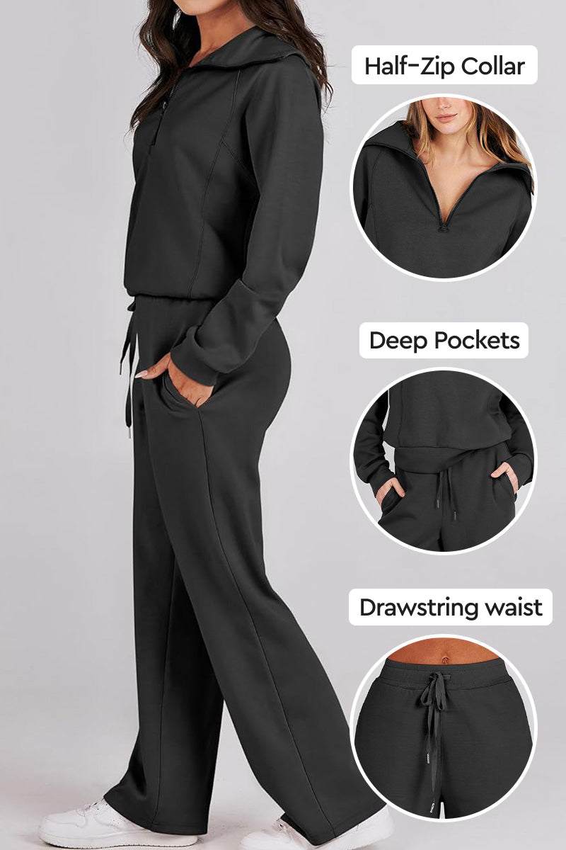 Black Loungewear Buttersoft Tracksuit Set with half-zip collar, deep pockets, and drawstring waist for comfortable, cozy fit