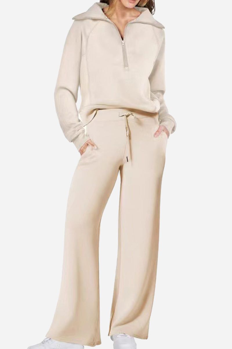 Beige Loungewear Buttersoft Tracksuit Set with zip-up top and wide-leg pants