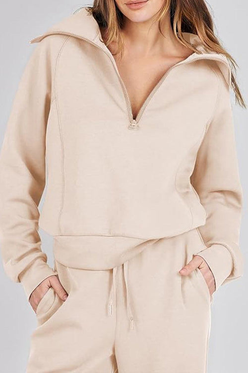 Beige Loungewear Buttersoft Tracksuit Set with zip-up top and elastic waist pants for cozy comfort and casual wear