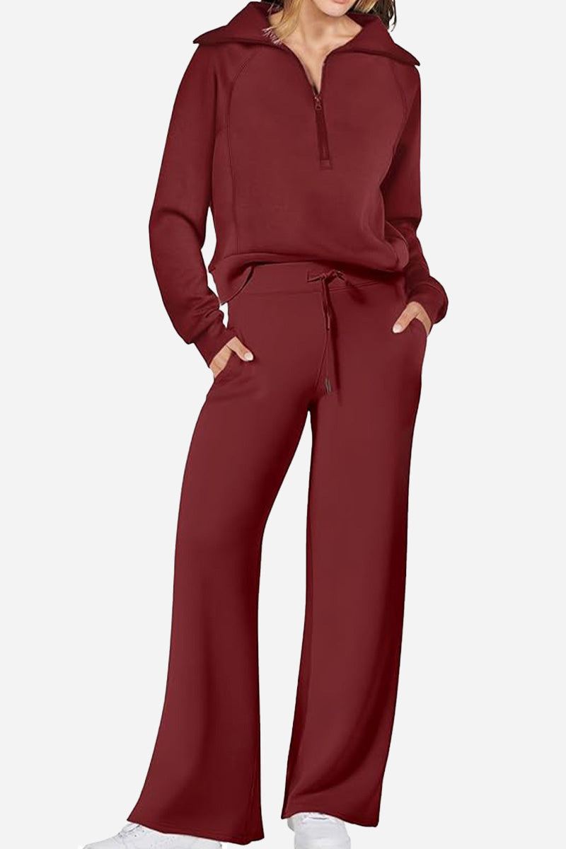 Women's Loungewear Buttersoft Tracksuit Set in maroon with zip-up top and wide-leg pants in soft polyester fabric