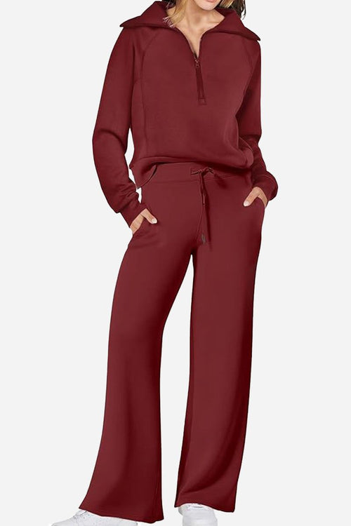 Women's Loungewear Buttersoft Tracksuit Set in maroon with zip-up top and wide-leg pants in soft polyester fabric