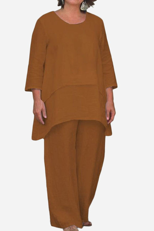 Brown loose drape two-piece set with oversized top and wide-leg pants for comfortable stylish wear