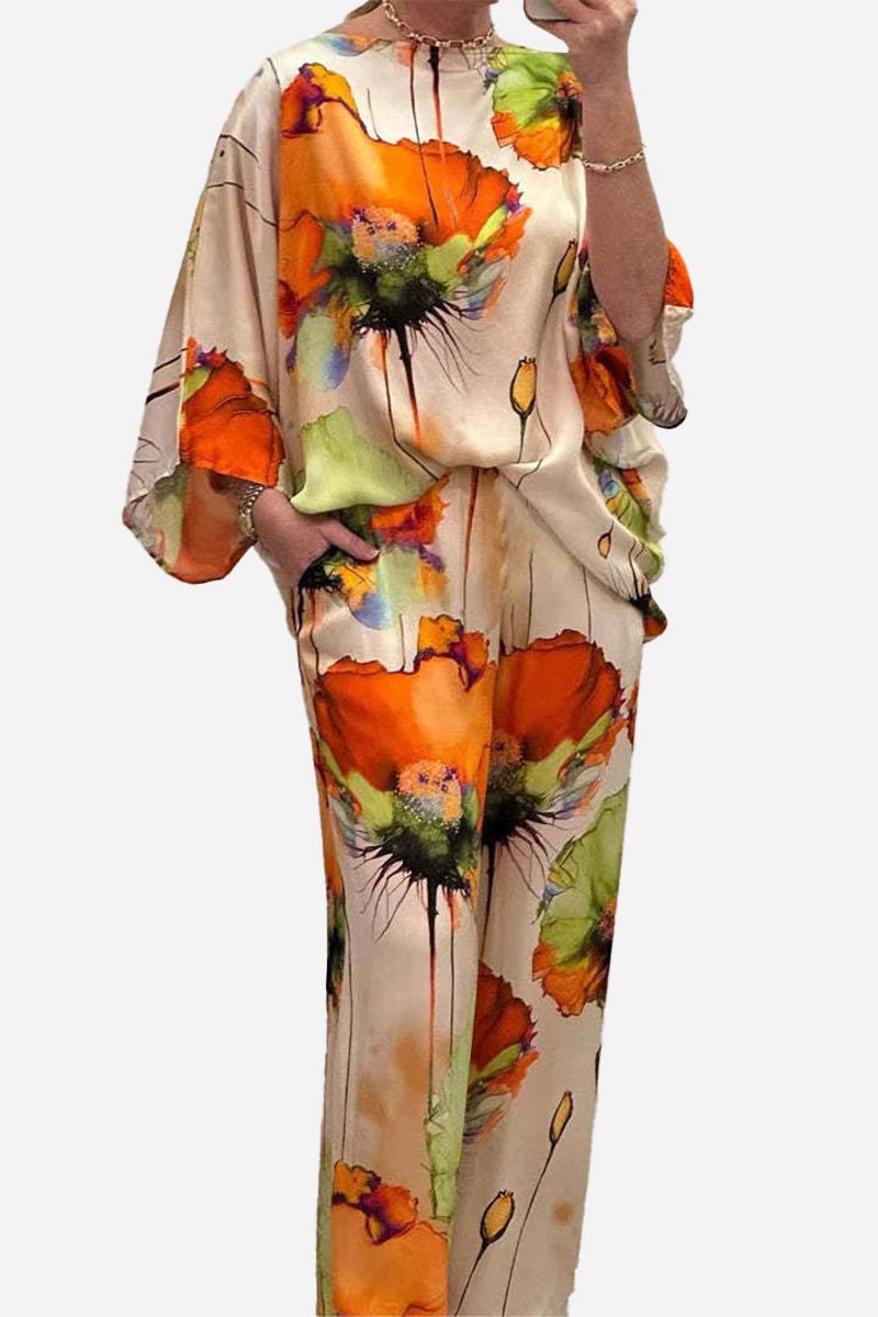 Plus size vibrant floral matching set with flowy silhouette and silk-like fabric blend