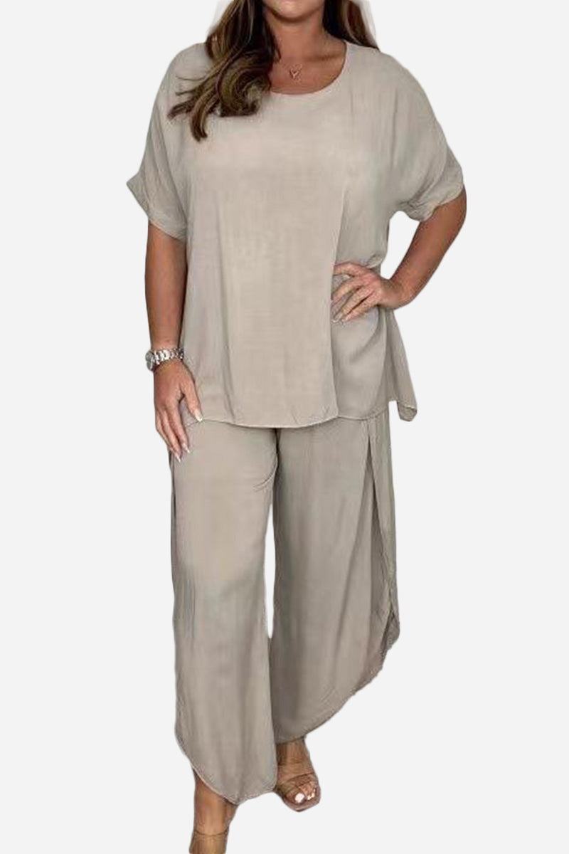 Relaxed linen-like travel 2-piece set in beige with loose fit top and wide-leg pants for comfortable travel wear