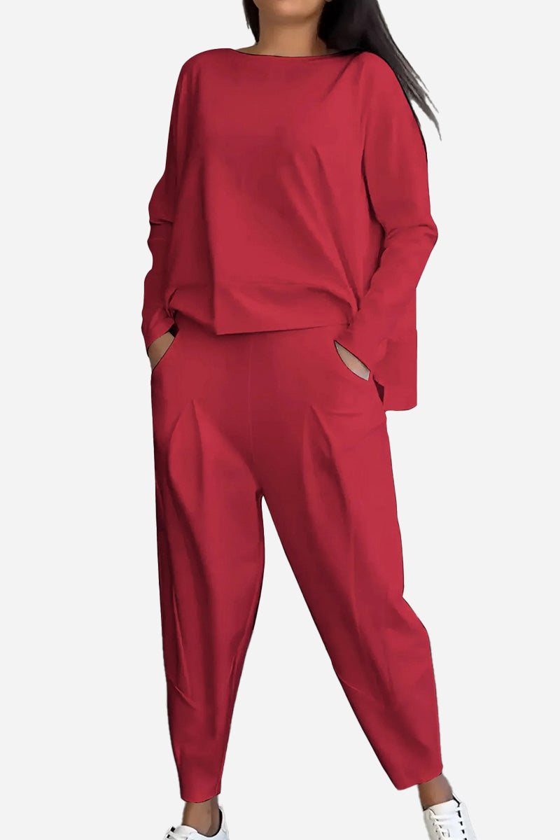 Women's all-day comfort red two-piece outfit set with long sleeves and relaxed fit pants