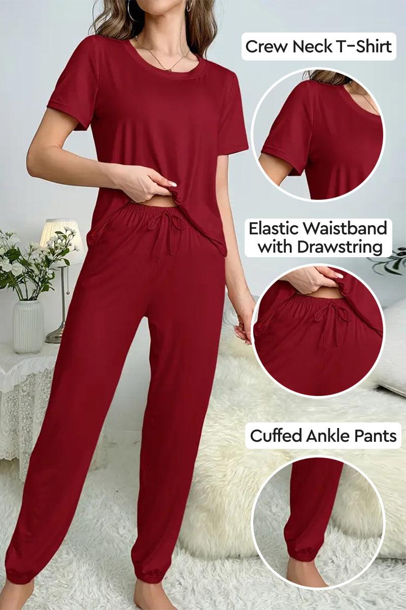 My Go To Loungewear two-piece set in red with crew neck t-shirt, elastic waistband drawstring pants, and cuffed ankle pants for cozy casual wear