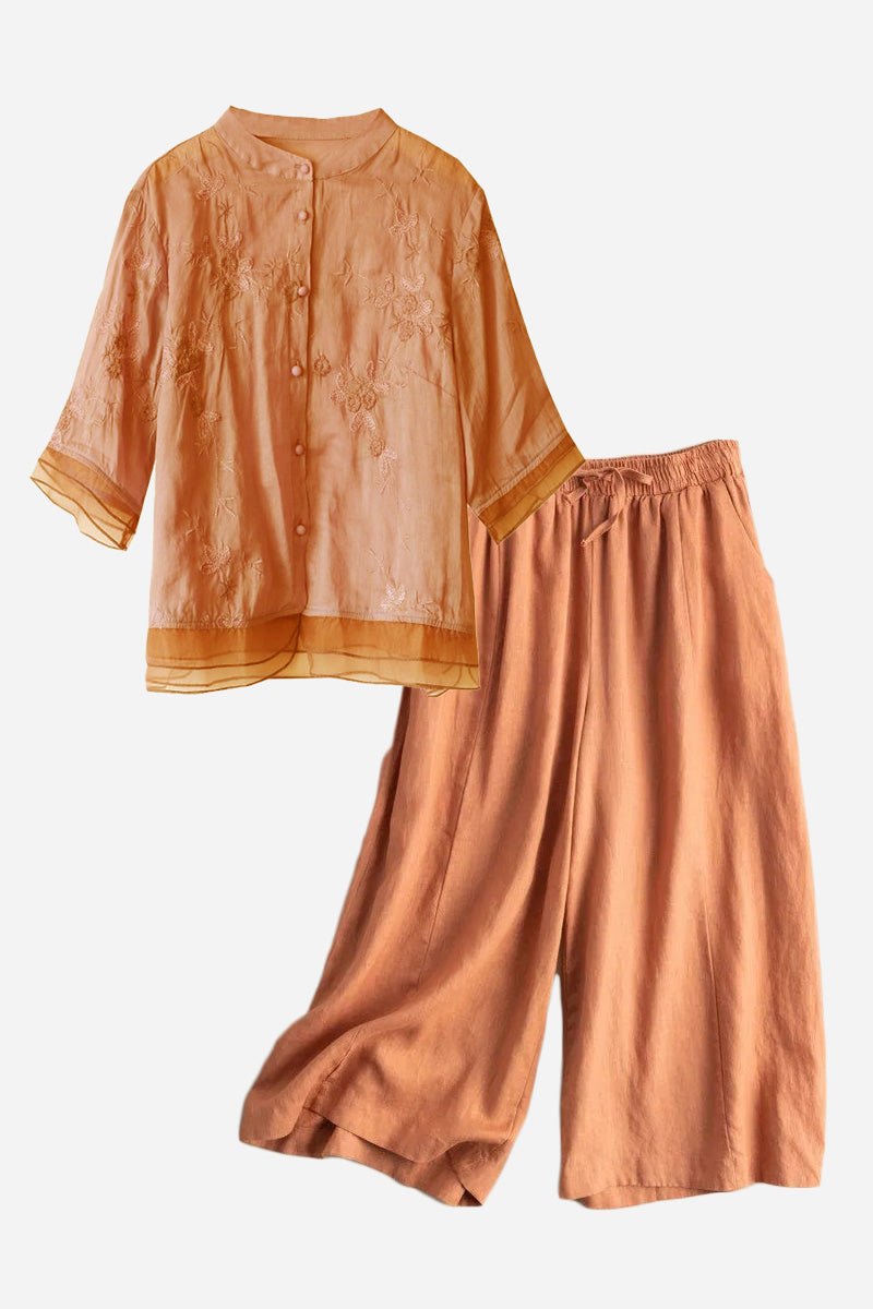 Cotton Linen Tuscany embroidered sheer top and wide-leg pants set in warm orange blend