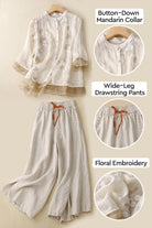 Cotton Linen Tuscany two-piece set with embroidered button-down mandarin collar top and wide-leg drawstring pants in breathable cream fabric
