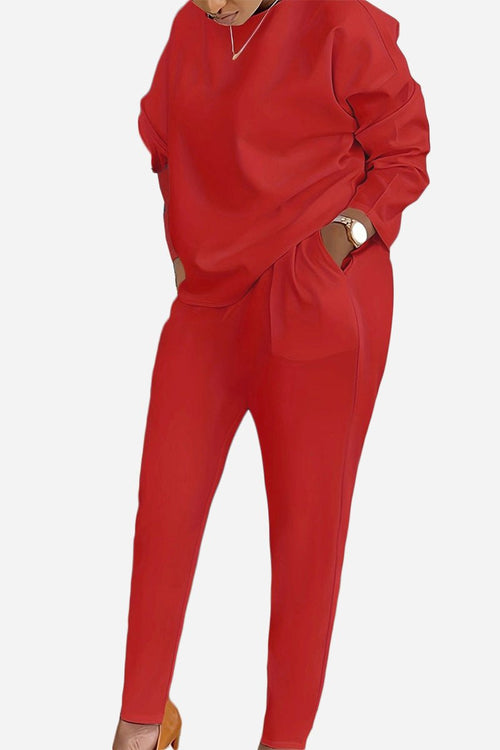 Red cotton two-piece set vibrant with relaxed fit and pockets