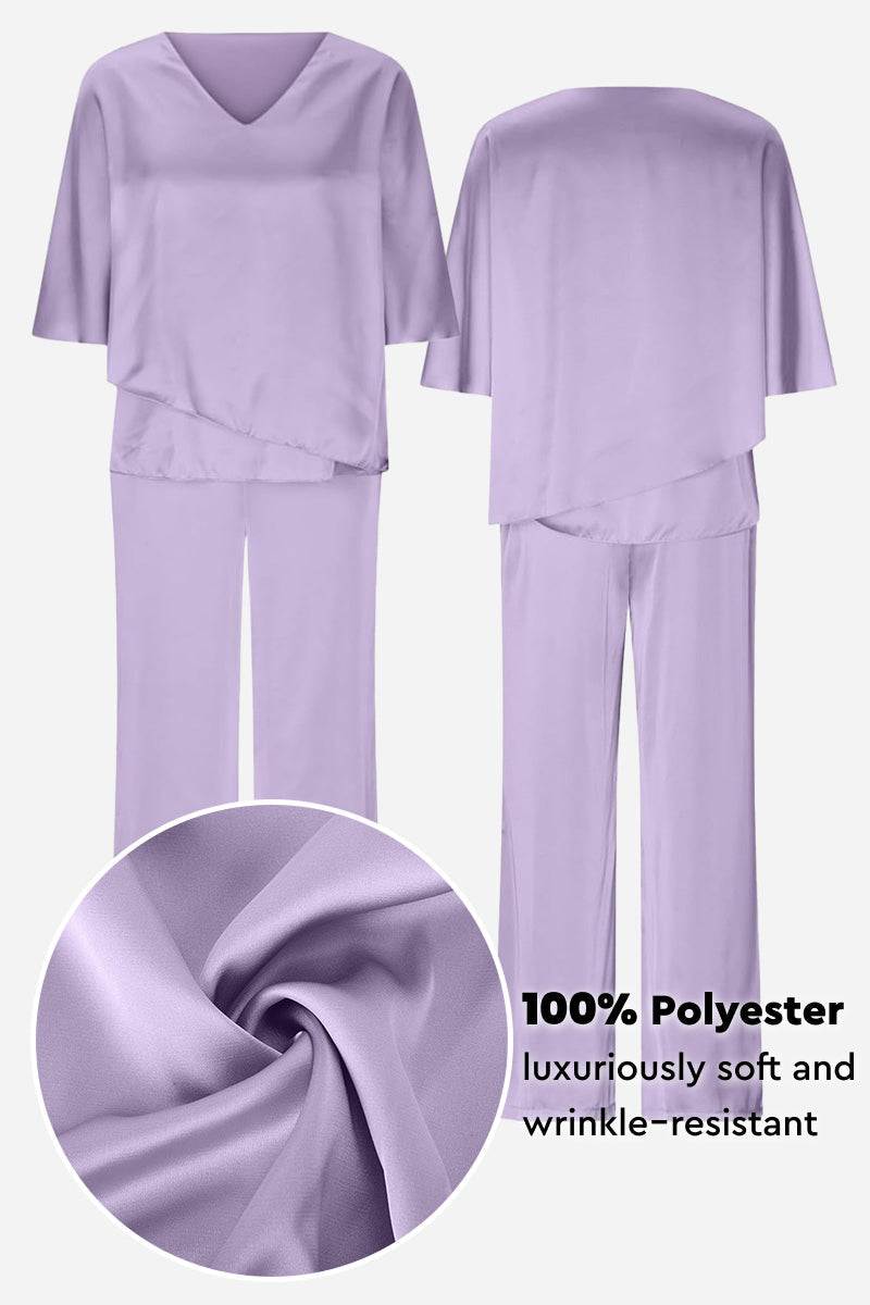Elegant Layers Two-Piece Set in soft lavender polyester with layered V-neck top and matching pants