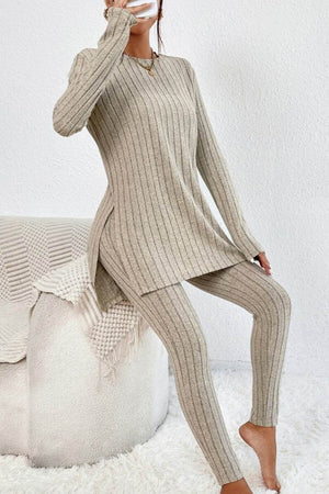 Butter Touch Ribbed Two-Piece Set beige ribbed long sleeve top and leggings lounge outfit