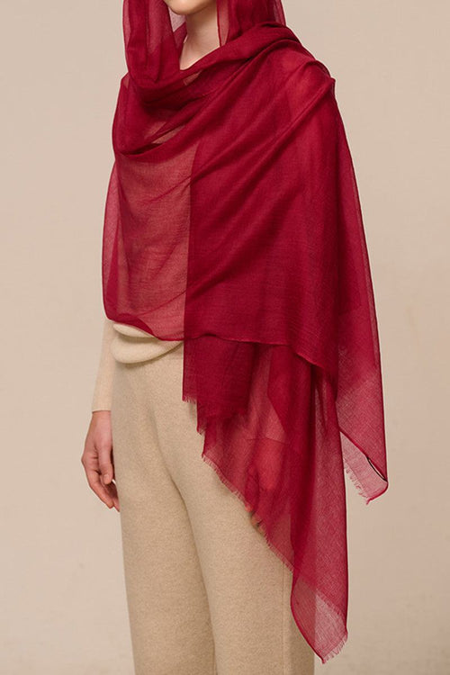 100% cashmere featherlight luxury scarf in deep red, soft and lightweight wrap for year-round warmth and style