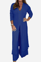 blue Urban Chic V-Neck Split Top two-piece set with long sleeves and flowing split design