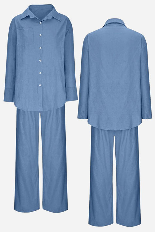 Blue Vacation Essentials Cotton Set with relaxed fit button-up shirt and wide-leg pants, front and back views, breathable cotton blend fabric.