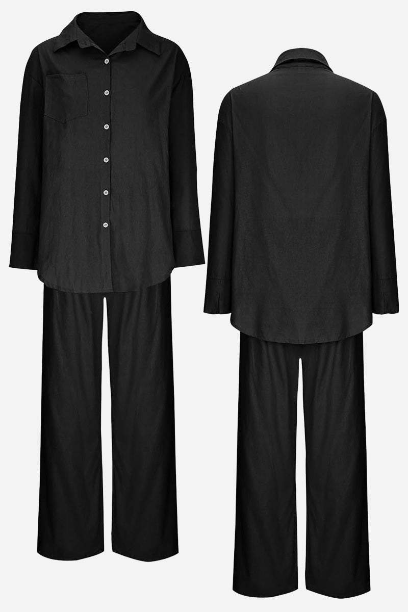 Black Vacation Essentials Cotton Set with relaxed button-up shirt and wide-leg pants shown from front and back views