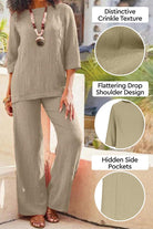 Women's textured two-piece set in khaki with crinkle fabric, drop shoulder design, and hidden side pockets for a comfortable, elegant look.