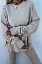 TimelessChic Ultra Comfortable Two-Piece Set in beige soft stretch fabric with relaxed fit and high-waisted pants.