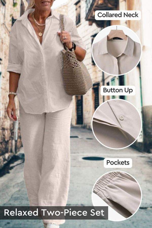 Woman wearing Casual Chic Duo relaxed white cotton two-piece set with collared shirt and wide-leg trousers