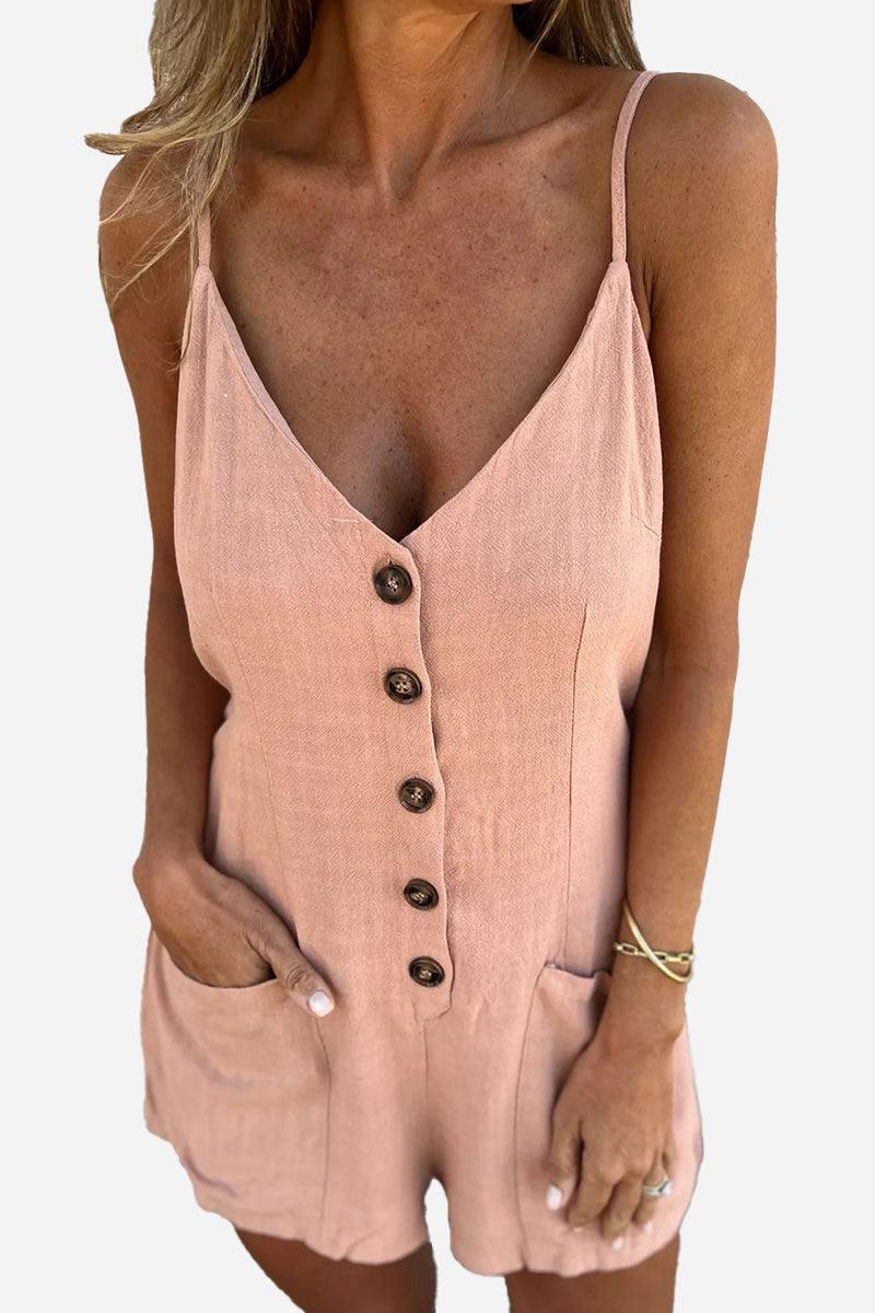 Women's 100% pure linen breathable natural comfort jumpsuit with button front and pockets in soft pink