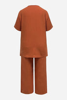 Breezy cotton blend two-piece set in rust color with short sleeves and elastic waist pants for comfortable summer wear