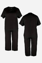 Black breezy cotton blend two-piece set with short-sleeve top and elastic waist pants, front and back view