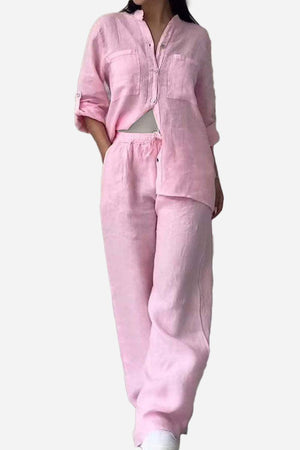 Women’s 100% cotton pink double comfort set with relaxed fit shirt and pants
