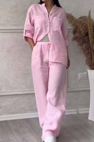 Light pink 100% cotton double comfort set with relaxed fit two-piece top and pants