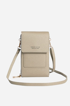 Beige anti-theft travel crossbody phone pouch made of durable PU leather with adjustable strap and secure flap closure