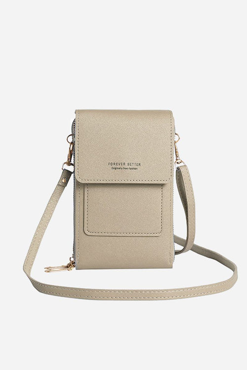 Beige anti-theft travel crossbody phone pouch made of durable PU leather with adjustable strap and secure flap closure