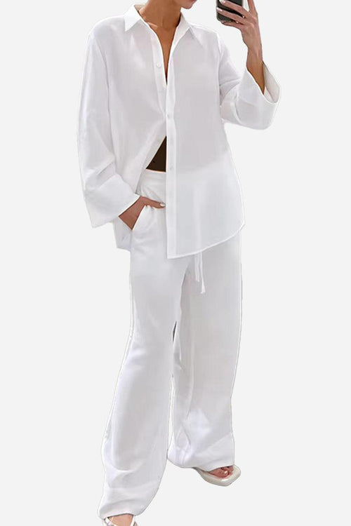 white 100% cotton two-piece wanderlust set with long-sleeve shirt and wide-leg pants for travel comfort and style