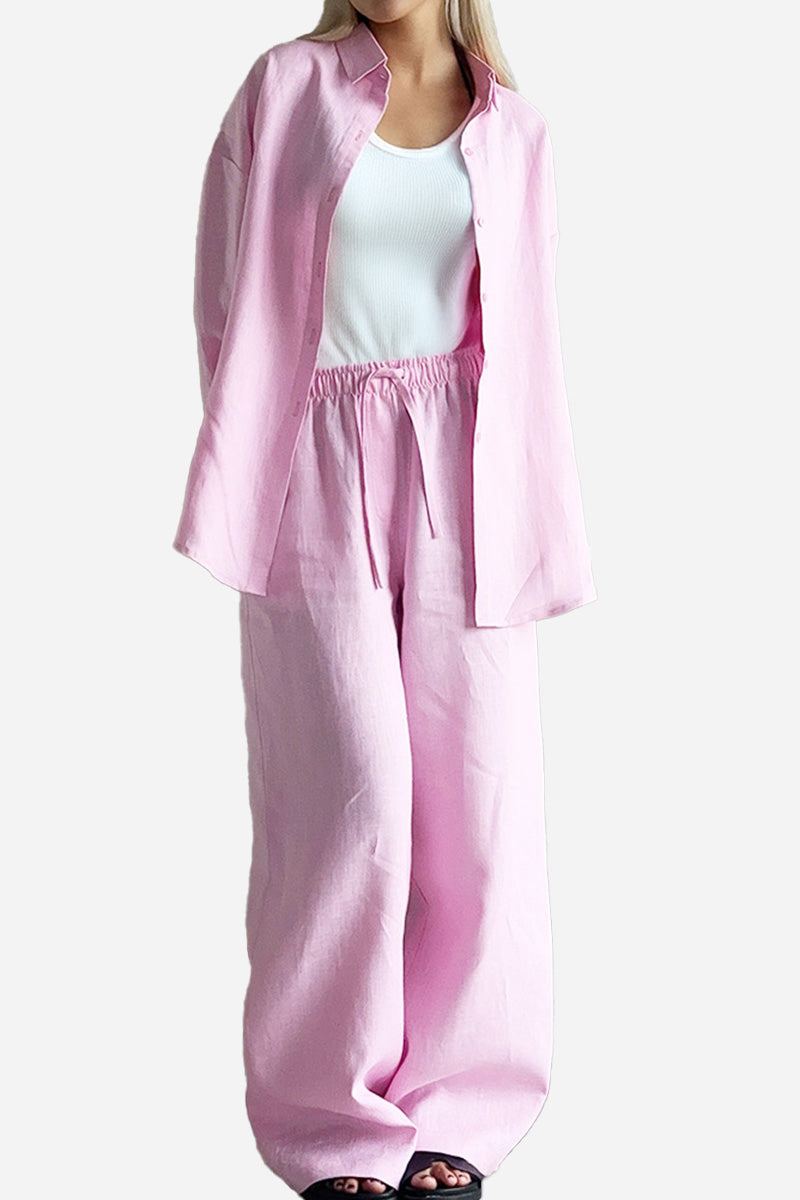 Women's 100 Cotton Wanderlust pink two-piece cotton set with shirt and wide-leg pants