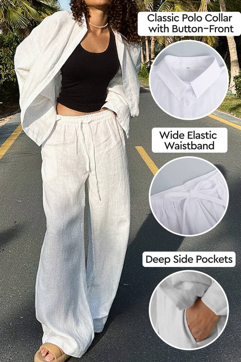 100% Cotton Wanderlust two-piece set in white with polo collar, elastic waistband, and deep side pockets