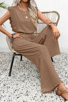 Brown elegant two-piece set with lace detail, soft fabric, and relaxed fit, perfect for comfortable, stylish wear.