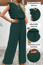 Elegant two-piece set in dark green with scalloped lace sleeves, adjustable waist tie, and relaxed round neckline.