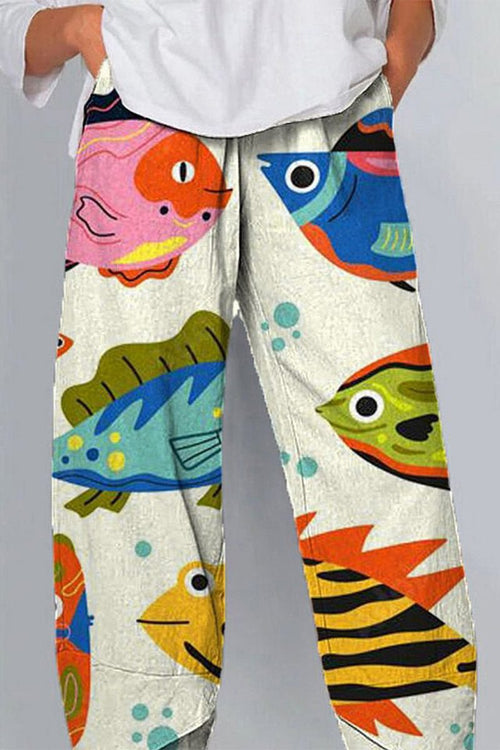 Artistic sardine pattern breathable cropped pants with vibrant colorful fish design and relaxed fit for women