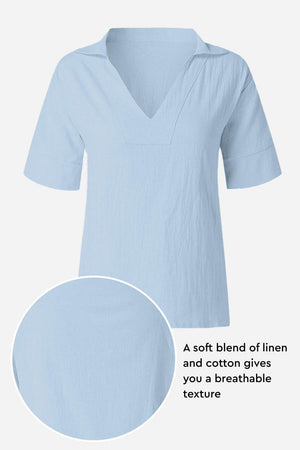 Light blue cotton-linen V-neck relaxed fit shirt with breathable soft texture