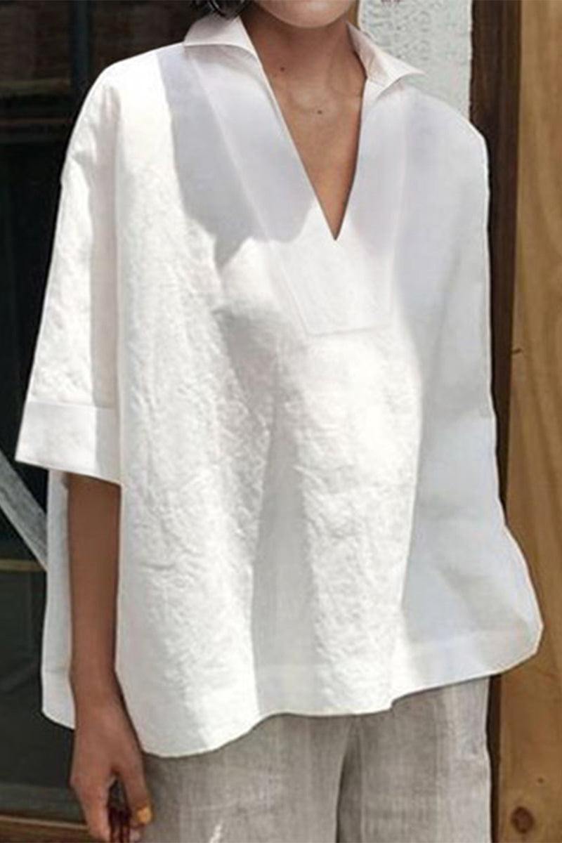 white cotton-linen v-neck relaxed fit shirt with breathable fabric and short sleeves