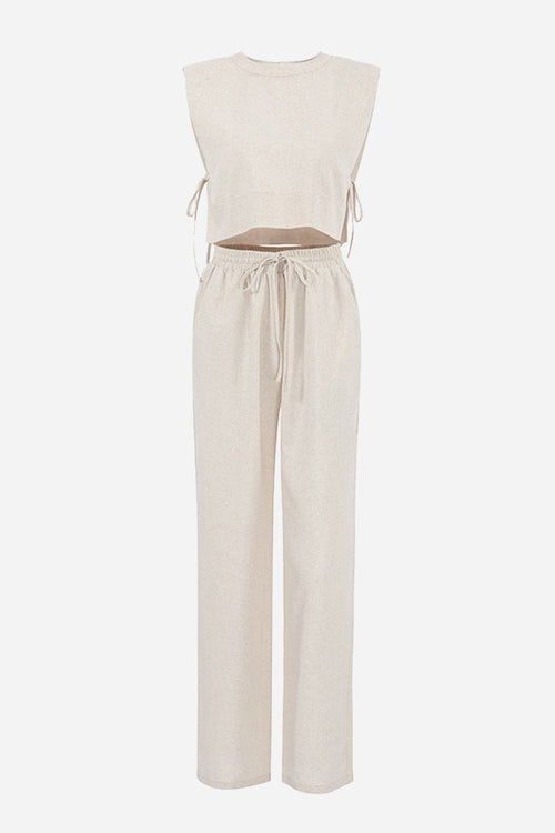 Breathable cotton-linen blend beige sleeveless crop top and drawstring pants two-piece set
