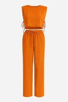 Breathable cotton-linen blend sleeveless orange two-piece set with drawstring pants