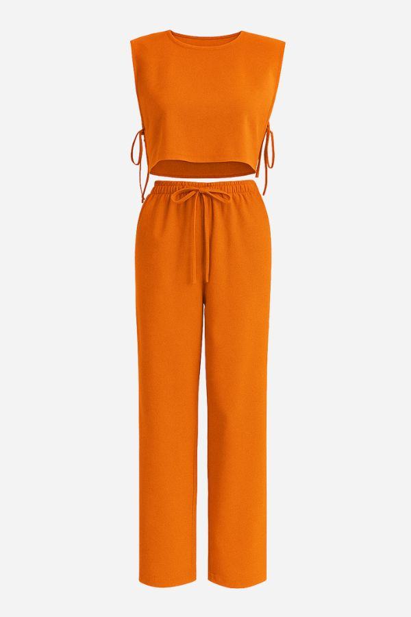 Breathable cotton-linen blend sleeveless orange two-piece set with drawstring pants