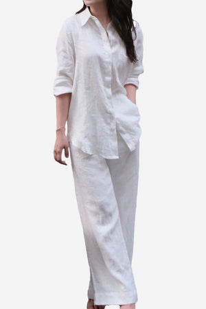White two-piece relaxed fit outfit made from 100% linen natural breathable fabric for warm weather comfort