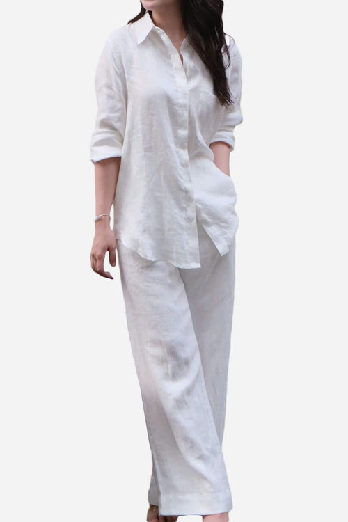 White two-piece relaxed fit outfit made from 100% linen natural breathable fabric for warm weather comfort
