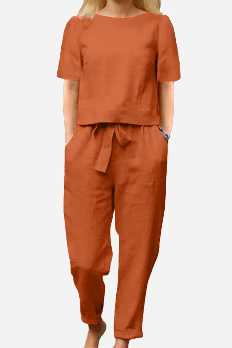 Cotton-linen blend rust monochrome two-piece set with relaxed fit top and drawstring pants