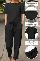 Black cotton-linen blend two-piece set with relaxed round neckline, cropped top, and adjustable waist tie.