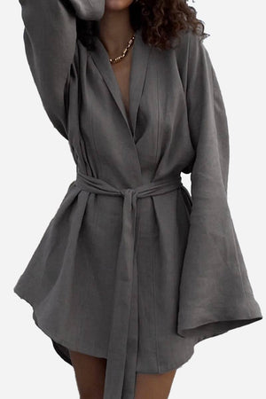 Gray cotton-linen blend luxury spa robe with relaxed kimono fit and belt