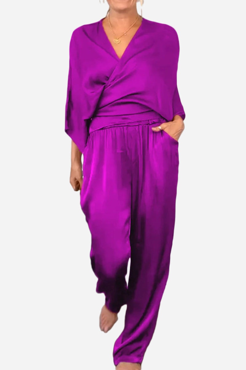 Women's vibrant purple Satin Wrap Lounge two-piece set with relaxed fit and V-neck top