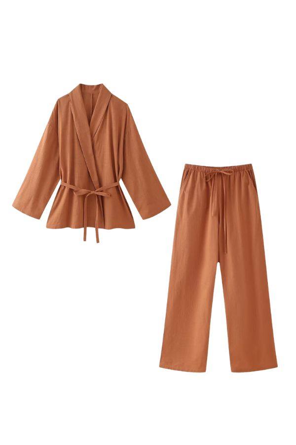rusty orange mix-match lounge-to-travel set with wide-leg pants and belted top