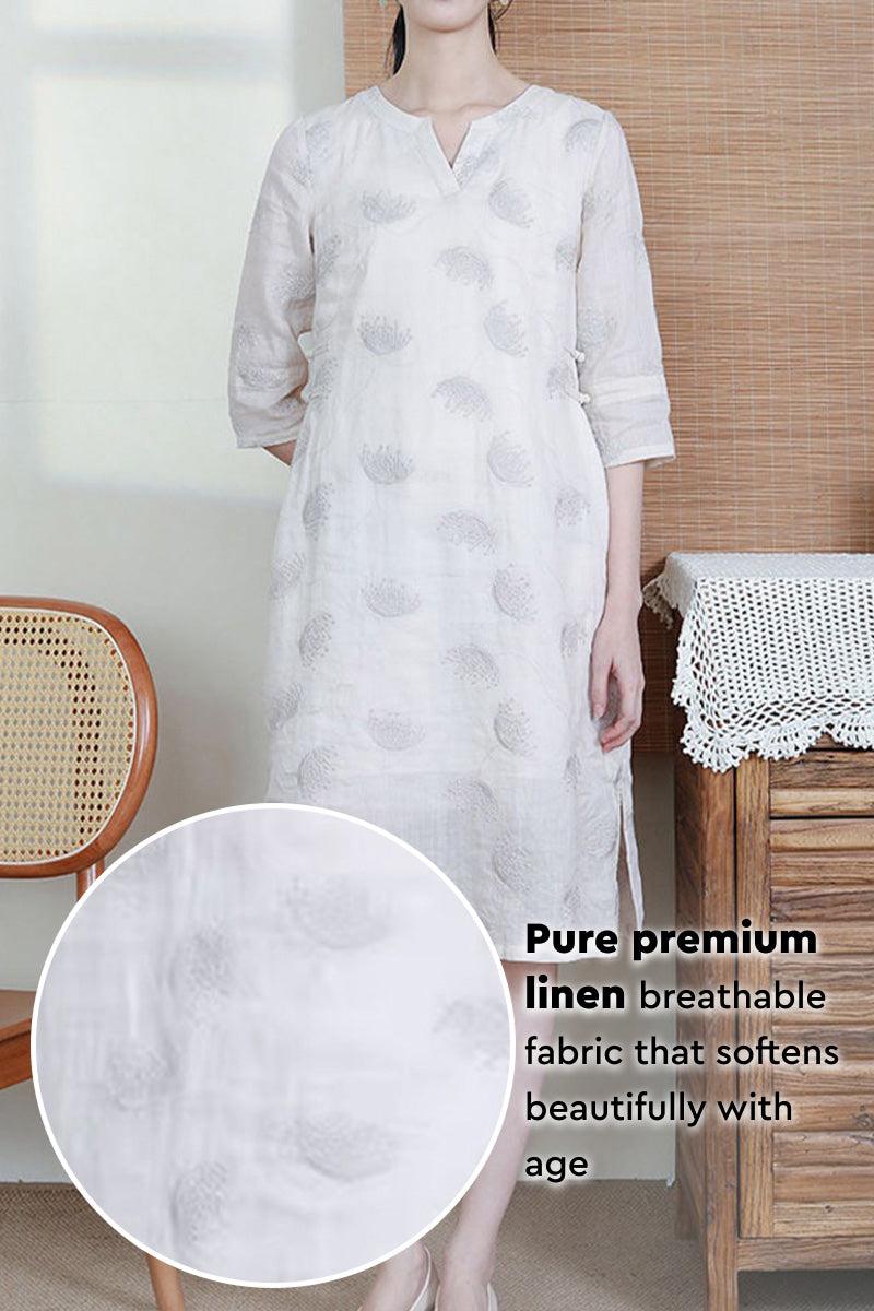 100 linen dress breathable embroidered notch-neck midi dress with 3/4 sleeves in white